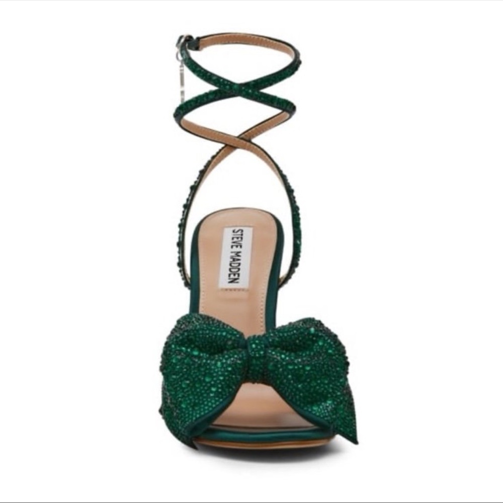 Steve Madden Blossom Green Strappy Heels with Bow Embellished Rhinestone - Picture 3 of 8